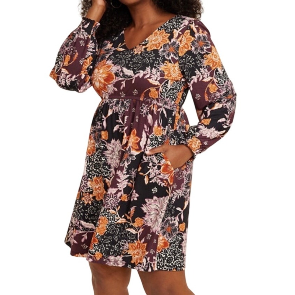 Maurices 24/7 Floral Empire Waist Mini Dress V-Neck Pocket XXL Brown Orange Fall